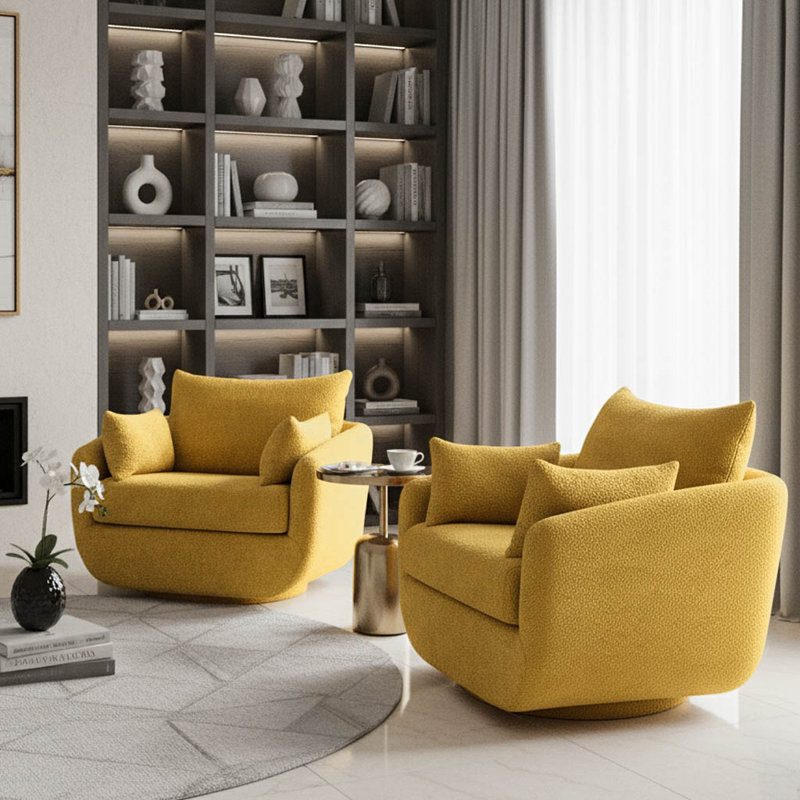 Boucle Swivel Armchairs Set Of 2, Modern Deep Seating Lounge Chairs With Accent Pillows, Yellow