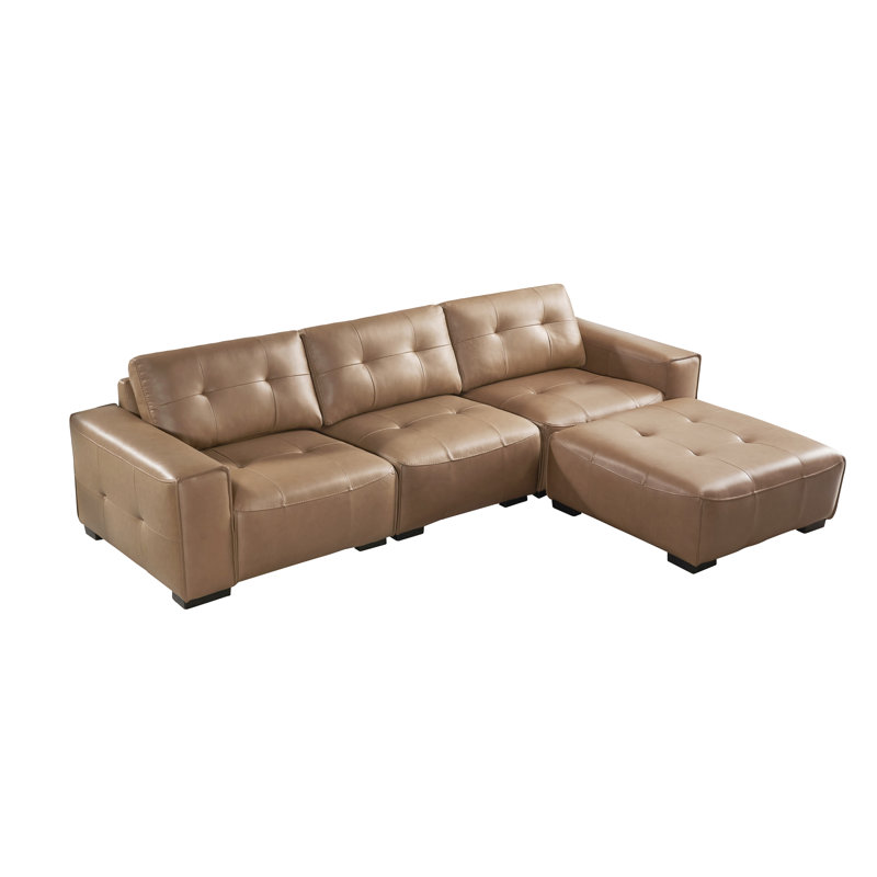 4 Piece Modular Pu Leather L-shape Couch With Ottoman, Brown Faux Leather