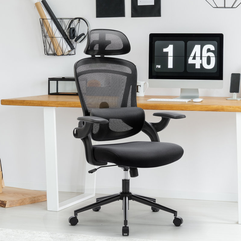 Desk and Chair Set: L-Shaped Computer Desk and Mesh Office Chair, Black Chair/Black Desk
