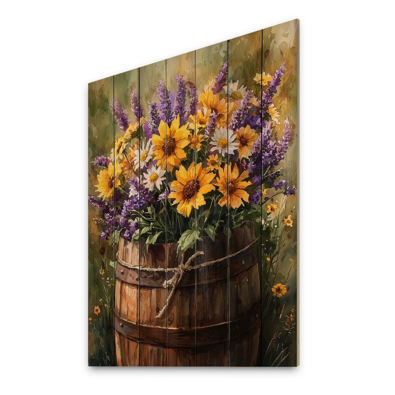 Wildflower And Lavender In Farm Barrel I - Assorted Bouquets Wood Wall Decor - On Natural Pine Wood, 20" H x 10" W x 0.78" D