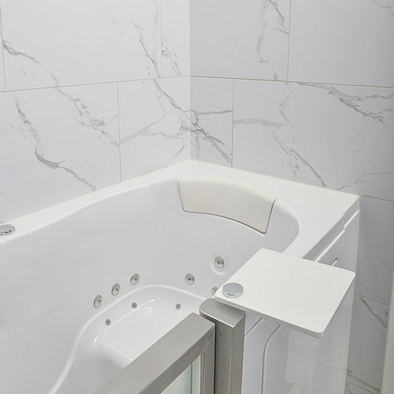 Ella Petite 28"x52" Acrylic Air and Hydro Massage and Heated Seat Walk-In Bathtub with Left Inward Swing Door, 5 Piece Fast Fill Faucet, 2" Dual Drain, Carrara Wall Surround