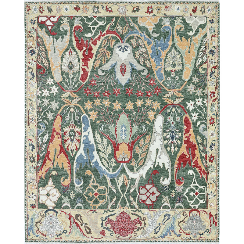 High-Quality Hand-Knotted Green And Gold Area Rug, Rectangle 9' x 12'