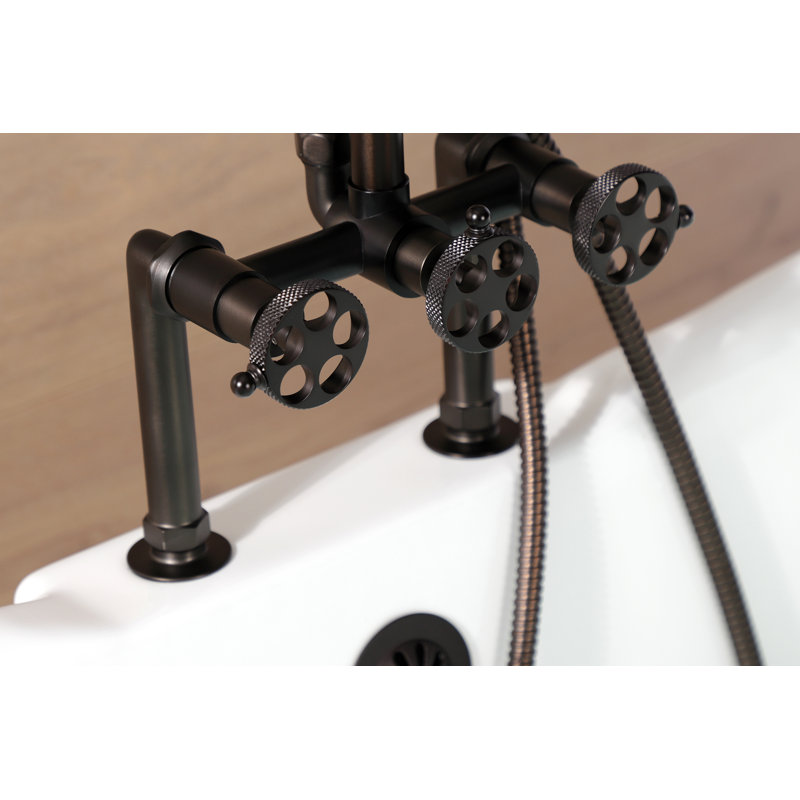 Kingston Brass Webb Three-Handle 2-Hole Deck Mount Clawfoot Tub Faucet with Knurled Handle and Hand Shower, Dark Brown