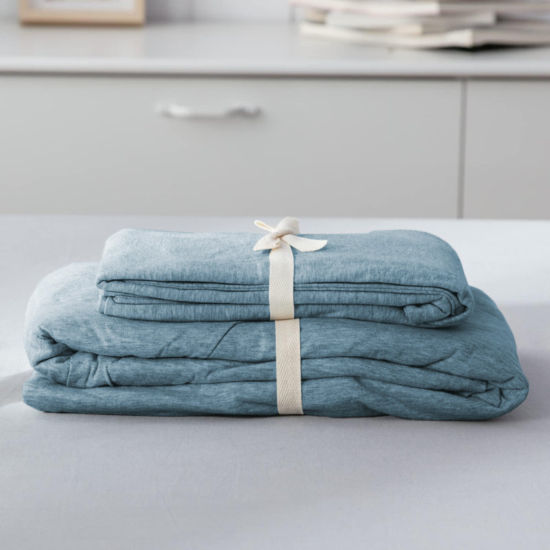Jersey Knit Fitted Sheet, Washed Blue, Double (4'6)