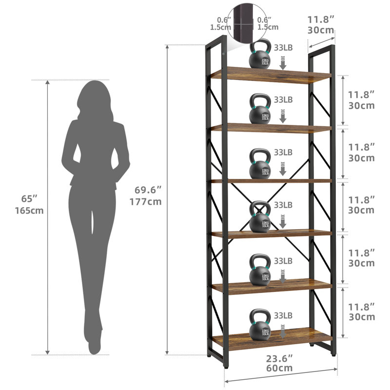  6 Tier Bookcase Bookshelf, Open Display Storage Rack Shelves, Brown/Black