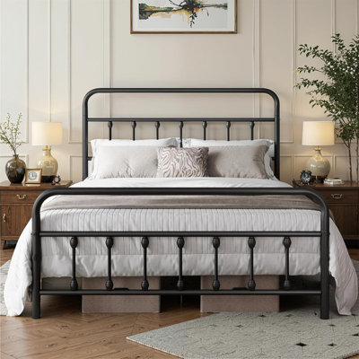 August Grove® Queen Bed Frame-Classic Metal Platform Bed Frame Mattress Foundation With Victorian Style Iron-Art Headboard/Footboard/Storage Space/No Box Spring Nee