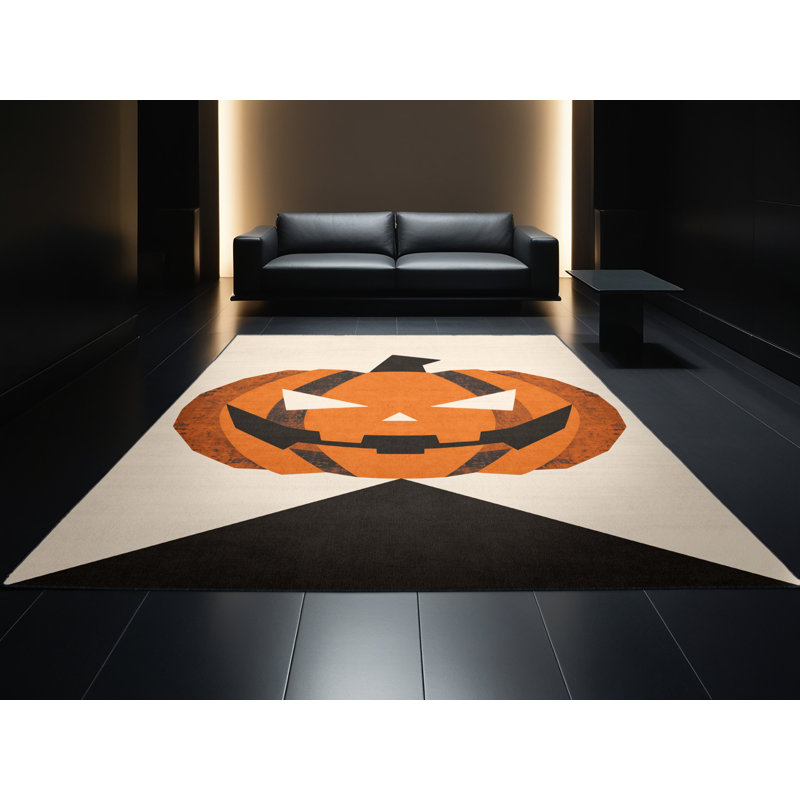 Soft Plush Favela Halloween Modern & Contemporary Abstract Area Rug in Beige – Black Binding, 2x5