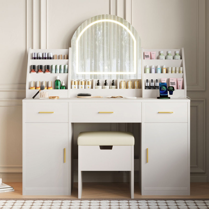 Coiffeuse 47,2 "avec miroir et lumière, coiffeuse avec tabouret de rangement rembourré, coiffeuse avec deux organisateurs, 3 tiroirs et 2 armoires pour la chambre à coucher, blanc