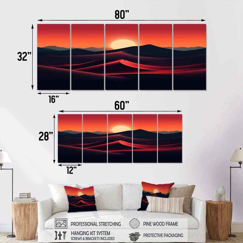 Désert lever du soleil horizon sur Mars planète I - ensemble d'art mural désert 5 pièces, H 32 po x l 80 po