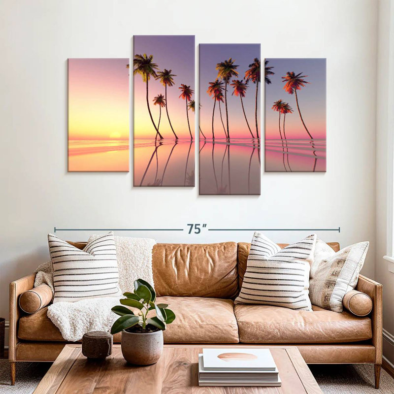 Coucher de soleil rose sur les palmiers Gillard, H 42 po x l 68 po