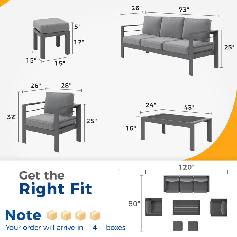 Brandtley 7 - Person Patio Conversation Set with Cushions, Gray Frame/Gray Cushion