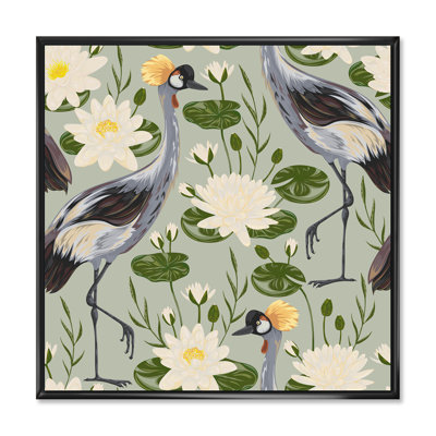 Crane et lys d'eau sur fond gris - peinture sur toile