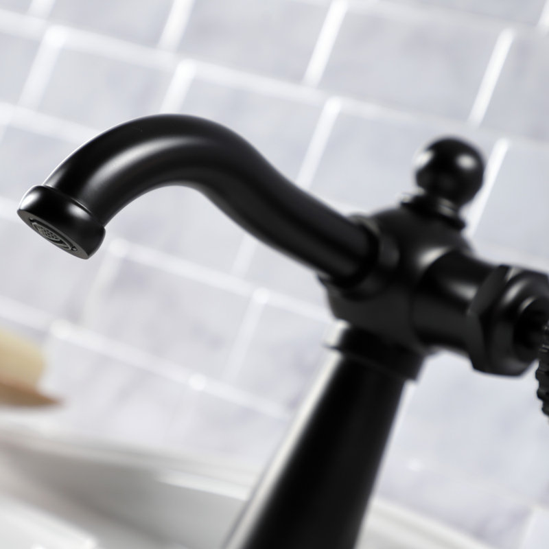 Kingston Brass Fuller Single-Handle 1-Hole Deck Mount Bathroom Faucet with Push Pop-Up, Matte Black, Wheel