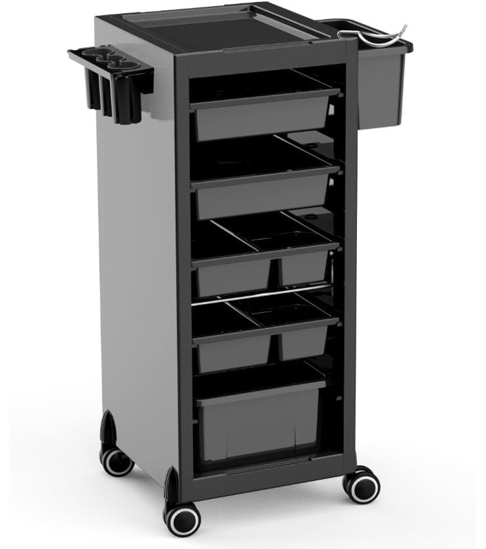 The Trolley for Your Salon Station,Space-Saving Rolling Tool Trolley, Extra Storage Space,Multi-Purpose Trolley with 6 Trays and a Hair Dryer Holder