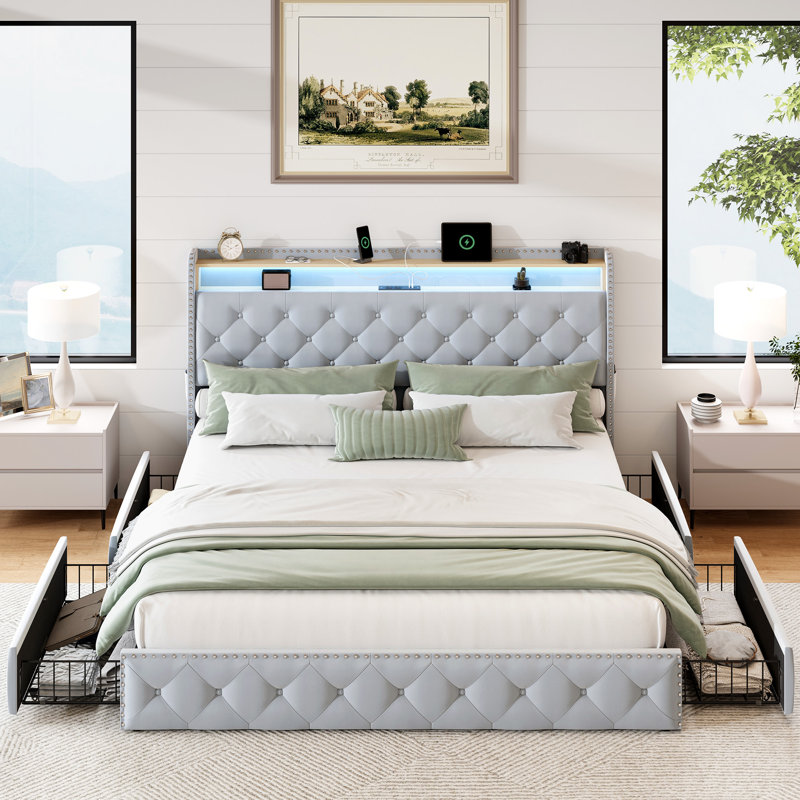 Upholstered Platform Bed with 4 Storage Drawers, Velvet Bed with Storage Headboard & Charging Station & Led Lights, King
