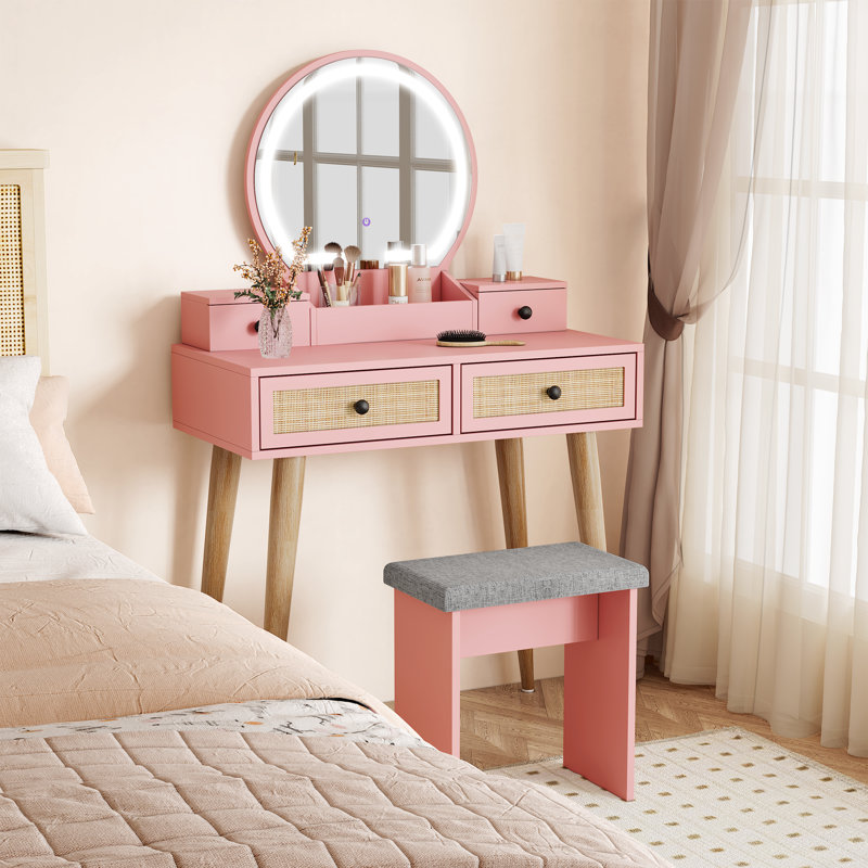 Coiffeuse en rotin naturel Iesa Boho avec miroir DEL et tabouret, Rose