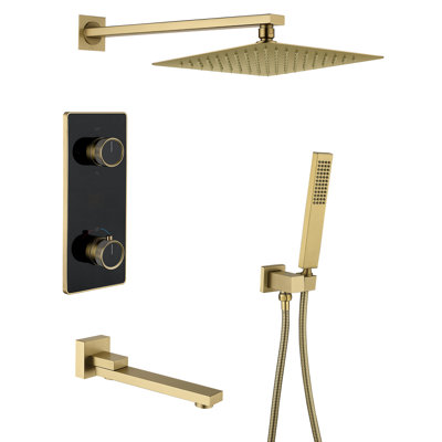 Rainfall Shower System 10 Inches Bathtub Shower Faucet Set, Brass Wall Mounted Temperature Control Display Shower System with Tub Spout