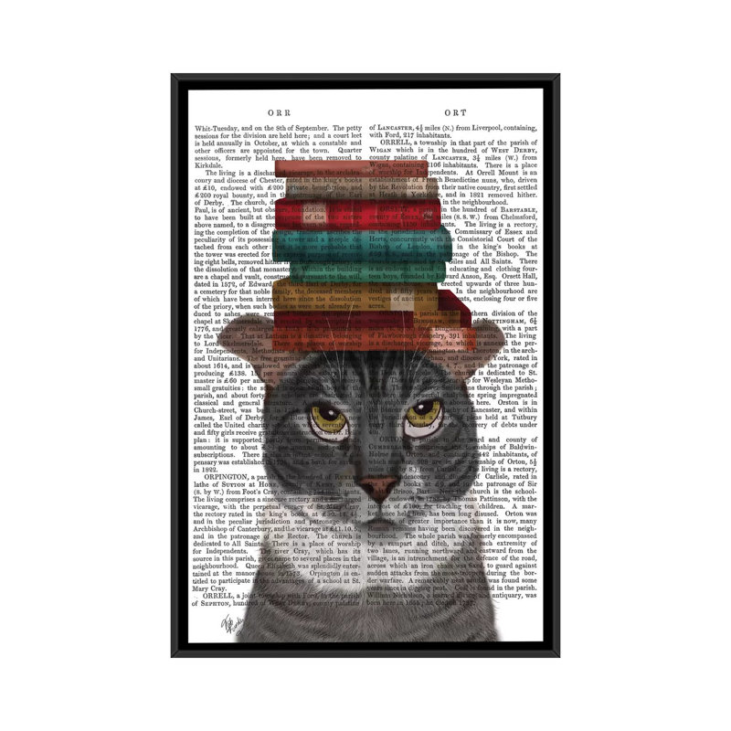 «Gray Cat with Books on Head I», impression sur toile tendue, H 26 po x l 18 po x P 1,5 po, Toile avec cadre noir