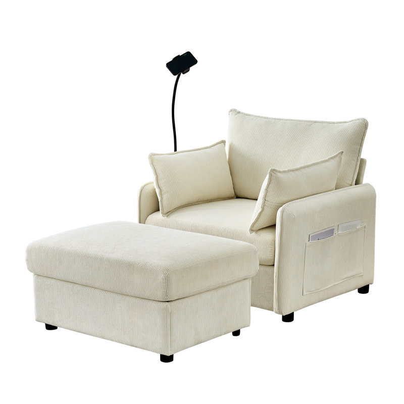 Méridienne de 55 po pour l'intérieur avec rangement et simple, velours côtelé simple en velours côtelé beige, coussins de siège profond rembourrés, rembourrage à ressorts doux et de soutien, téléphone ajustable à charge intégrée avec ports 360