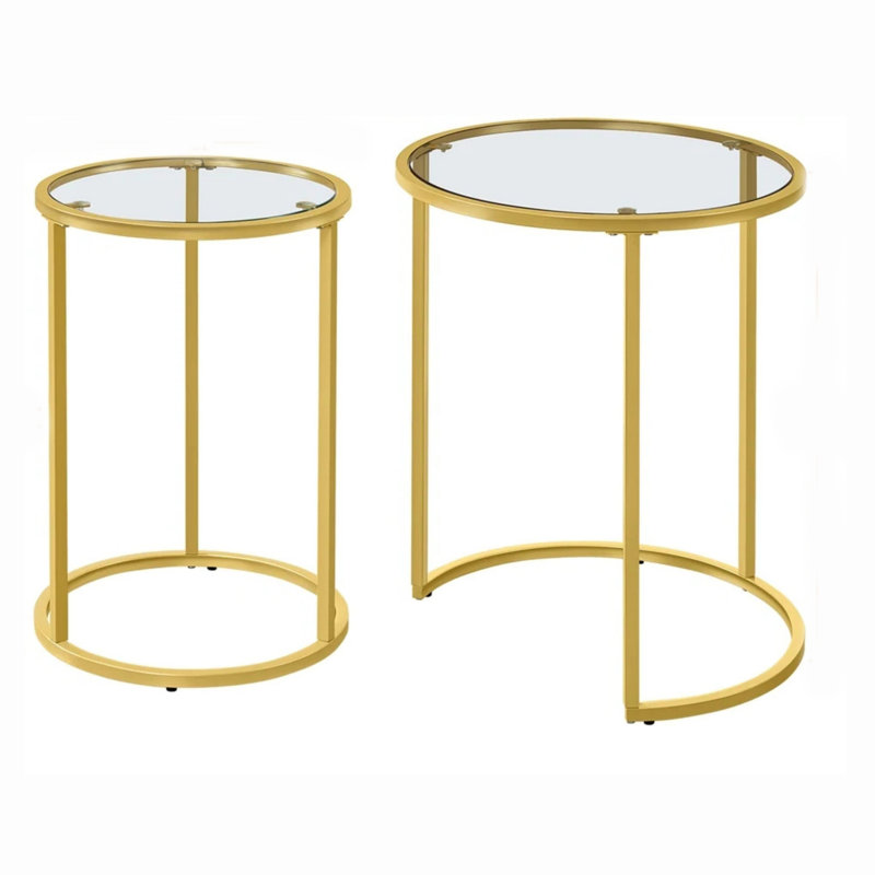 Round Metal Nesting End Table Set of 2 with Glass Top, Gold