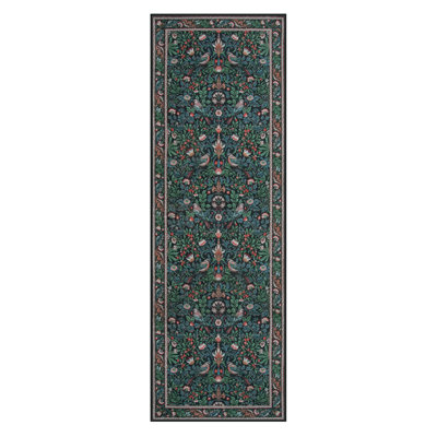Vintage Botanical Bird-Print Machine-Washable Low-Pile Runner Rug with Non-Slip Backing