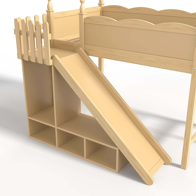 Lit mezzanine simple avec tablettes de rangement et garde-robe, structure en bois massif avec glissière amovible, aucun sommier nécessaire