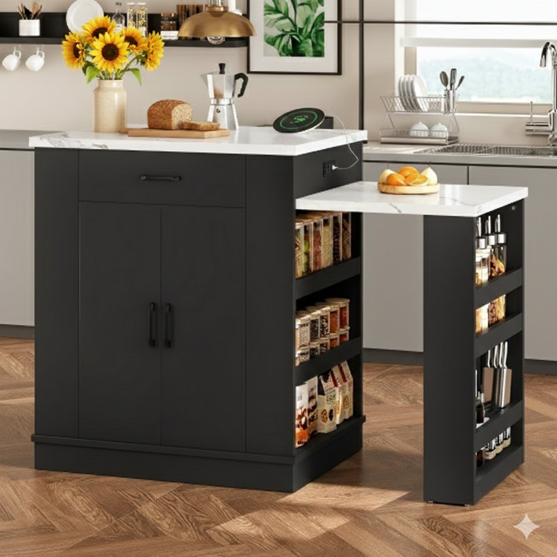 Îlot extensible de style console avec tiroirs, armoire à double porte et tablettes ouvertes - Se convertit en table de salle à manger, en bar à déjeuner décontracté ou en station-service après-midi, finition noire