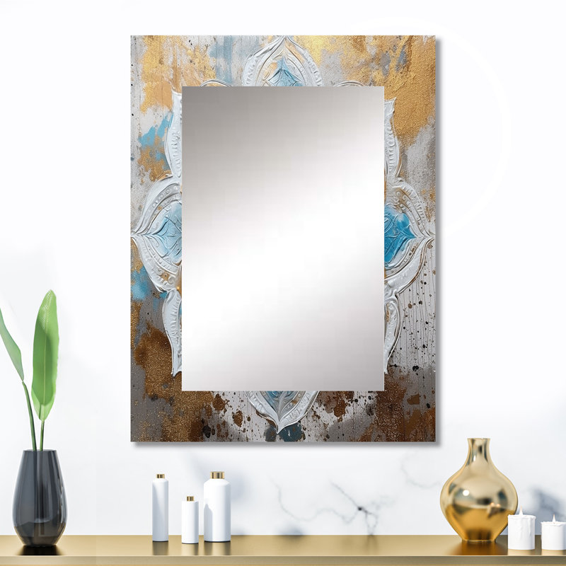 Bleu et or Mandala I - miroir mandala boho, miroir mural décoratif traditionnel, impression d'art en métal, 32 po x 24 po