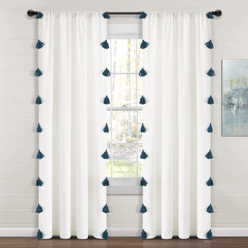 Rideau transparent en coton mélangé avec passe-tringle, Blanc / turquoise