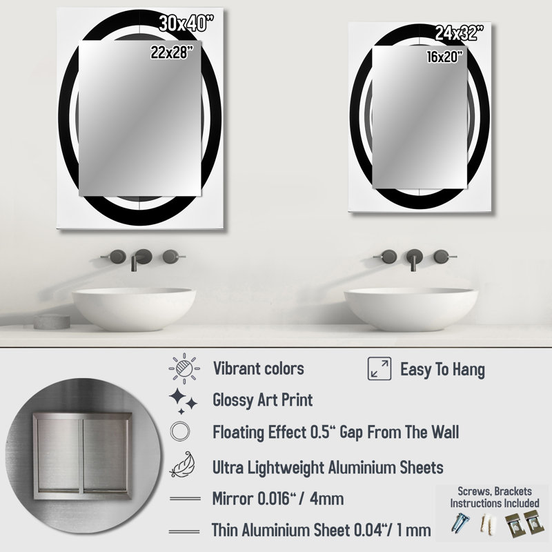 Bauhaus Black And White Circular Minimalism II - Geometric Mirror, Black Unique Wall Mirror, Printed Metal Art, 40" x 30"