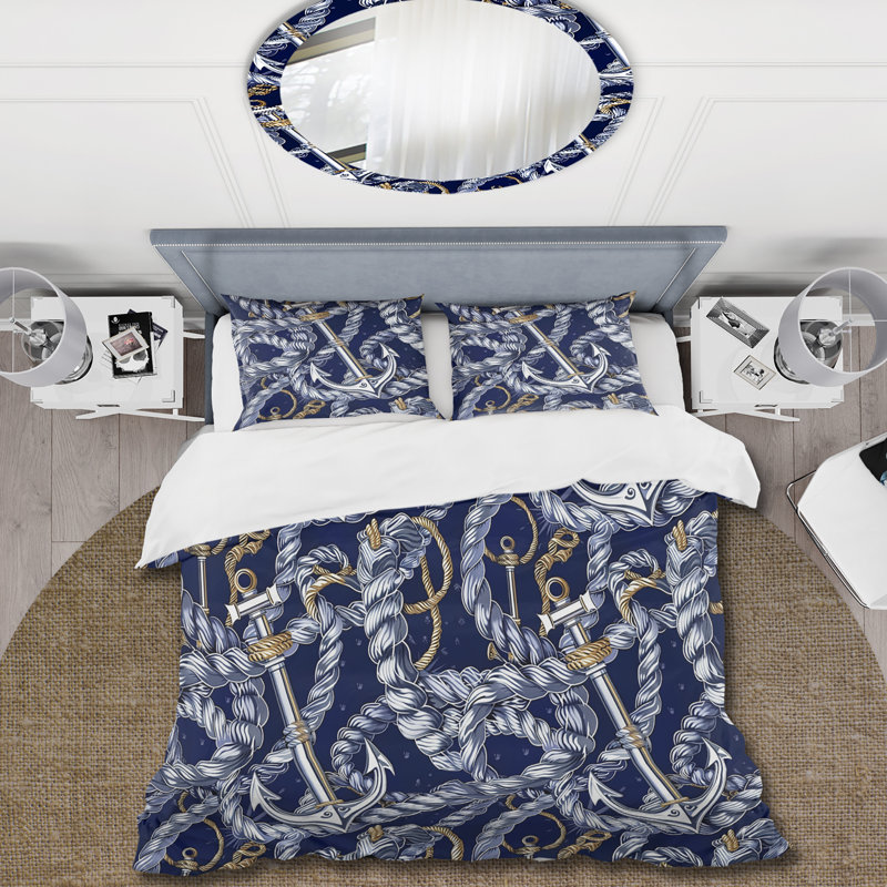 Ensemble de housse de couette bleu et blanc Coastal Anchor, Housse de couette simple et deux taies décorative