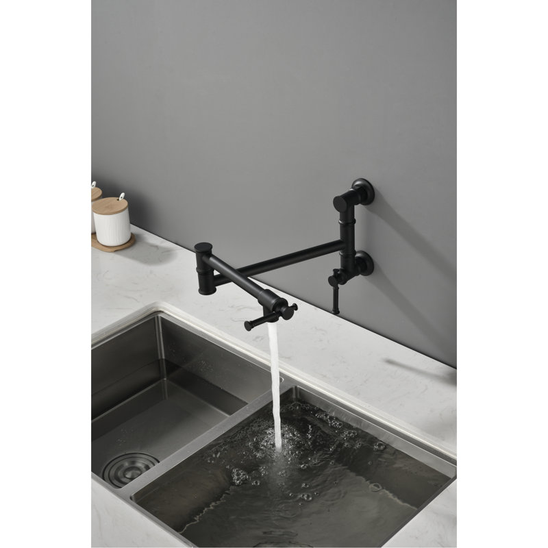 Modern Brass Pot Filler, Matte Black Wall Mounted With Foldable Swing Arm For Space Optimization Filler Faucet, Double Handles Easy Water Control