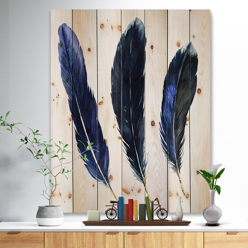 Trois plumes - peinture sur bois, H 12 po x l 8 po x P 1 po