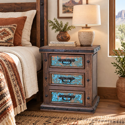Red Rock Valley 3-Drawer Nightstand with Turquoise Copper Panels & Blacksmith Details