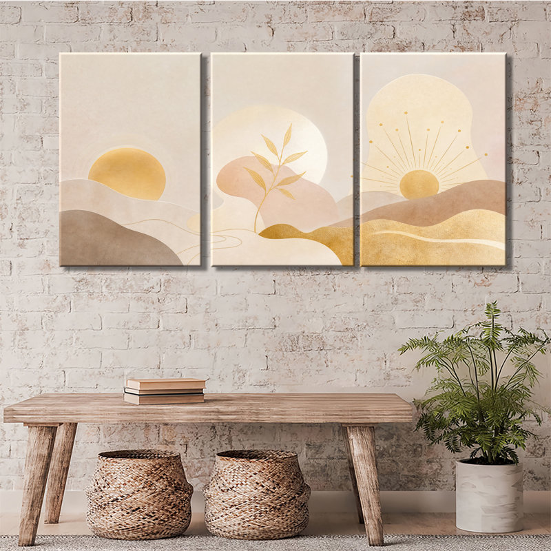 Tableau sur toile abstraite bohème avec soleil, montagne et feuilles, tons neutres, paysage minimaliste, 20*30inch*3