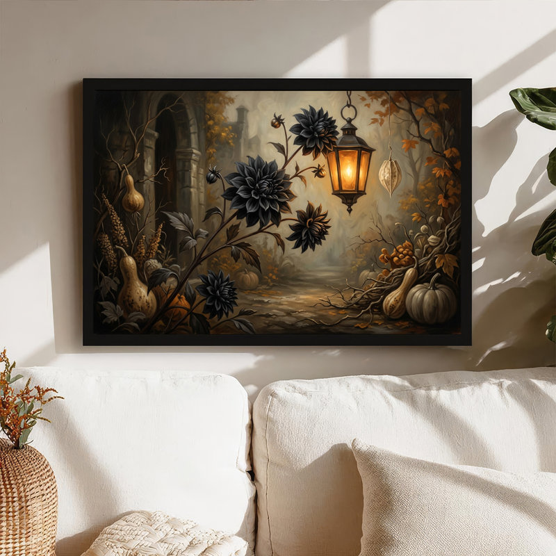 «Dahlias noir et lanterne rougeoyante avec citrouilles d'automne», art mural, 12"H x 18"W