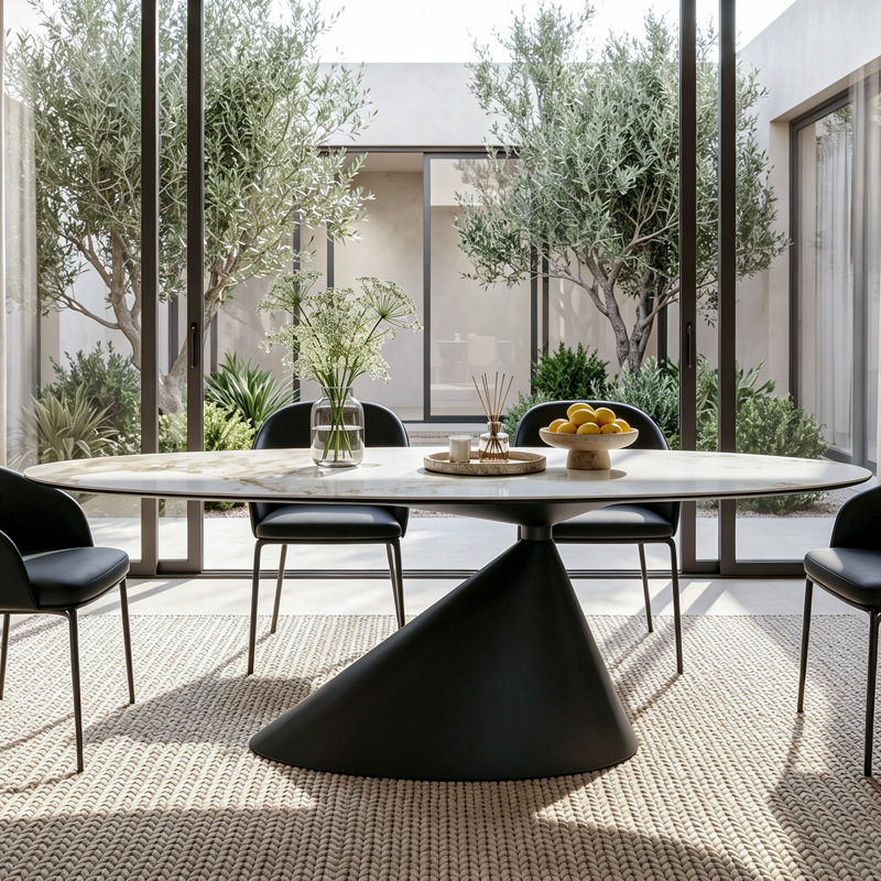 Table de salle à manger ovale moderne en pierre frittée avec dessus d'aspect marbre et pied central en acier inoxydable, idéale pour la cuisine et le salon.
