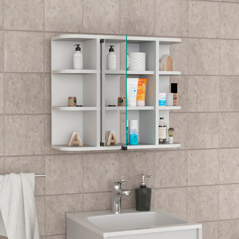 Armoire à pharmacie Milano, miroir à six tablettes extérieures, finition blanche, Blanc