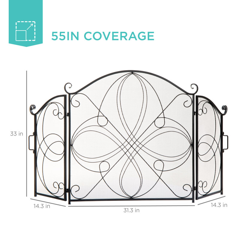 Black Wrought Iron 3-Panel Mesh Fireplace Screen with Decorative Scrolls