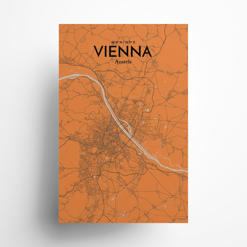 Vienna City Map In Orange - No Frame Print, 17cm H x 11cm W x 0.05cm D