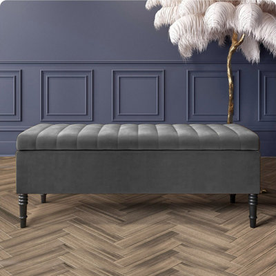 Paris Striped Ottoman Storage Bench - Upholstered Plush Velvet Shoes Bench with Black Turned Wooden Legs