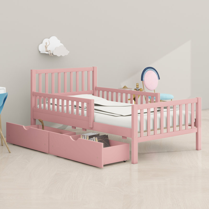Lit plateforme en bois avec garde-corps des deux côtés et deux tiroirs de rangement, Rose