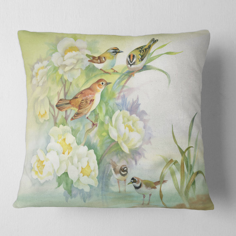 Housse et insert de coussin carré fleurs et oiseaux en décor rustique, 18" x 18"