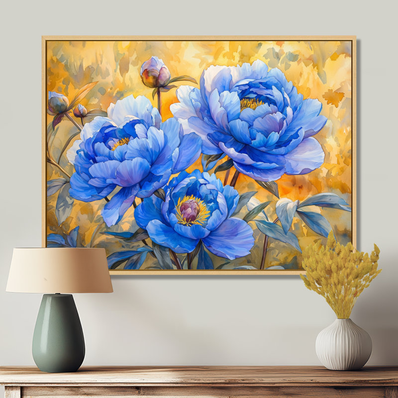 Pivoines bleues saphir dans le verger - pivoines, art mural, Cadre crème crème, H 24 po x l 32 po
