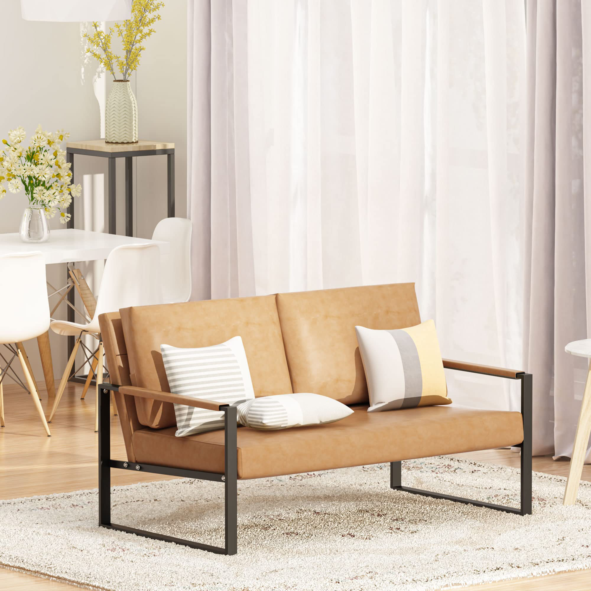 Ebern Designs Mid-Century PU Leather Loveseat Sofa - Removable Cushions ...