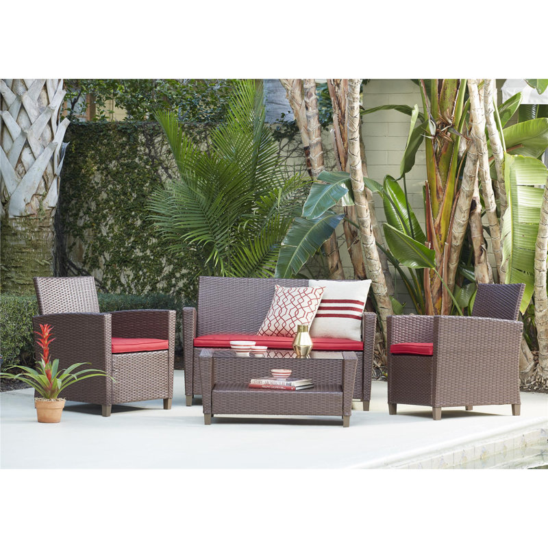 Lancashire 4 - Person Rattan Seating Group with Cushions, Brown/Red