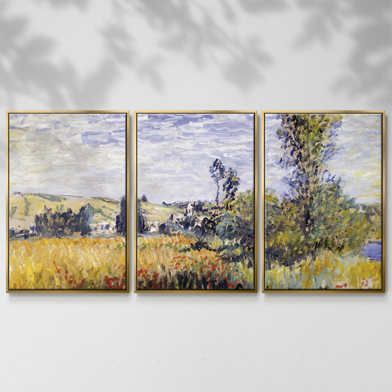 Paysage à Vetheuil, 1880, reproduction sur toile 3 pièces, H 40 po x l 78 po x P 2 po, Encadrement doré