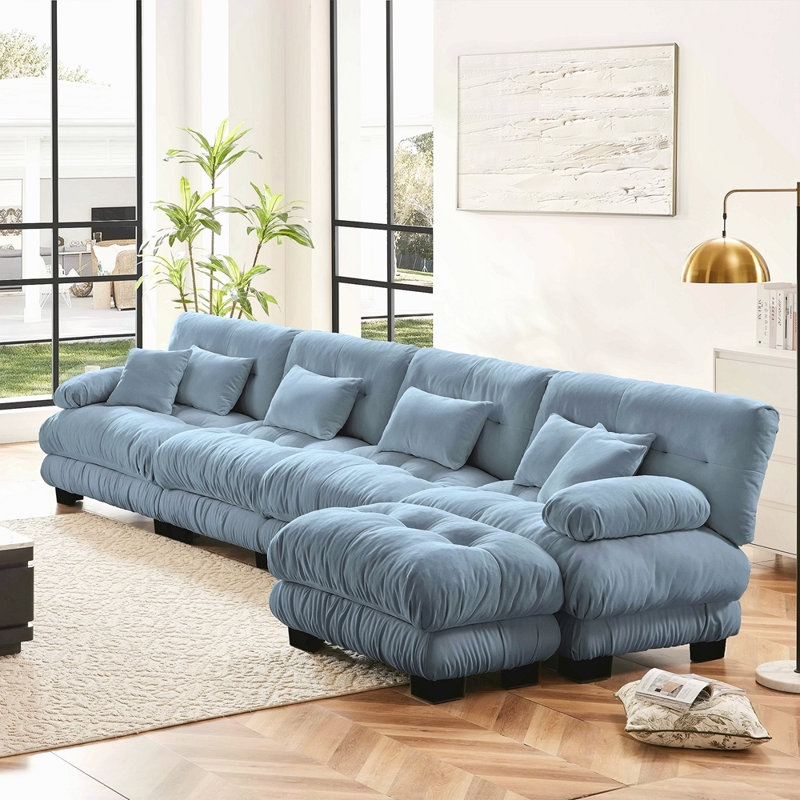 Combinaison libre, canapé modulaire modulaire, canapé en forme de L pour le salon, canapé confortable à 4 places avec repose-pieds convertible, bleu chenille