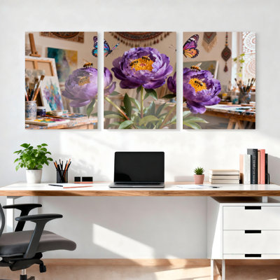 Purple Peony Flowers With Butterflies And Bees Canvas Wrapped Wall Art Oil Painting Print Set Of 3 For Living Room Bedroom Or Studio Decor