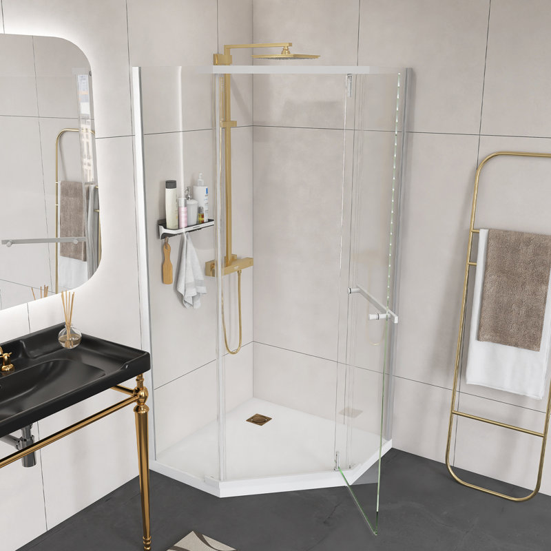Fini blanc mat 34,75 po X 72 po. Porte de douche pivotante sans cadre néo-angle avec verre trempé de 1/4 po d'épaisseur